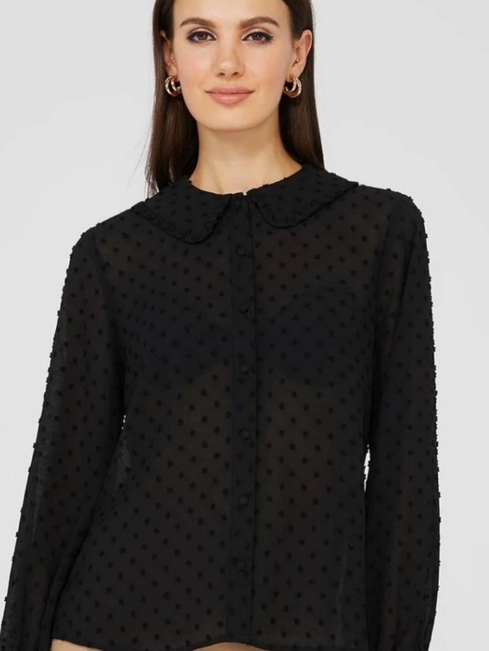 Suzy Shier textured button front sheer long sleeve ruffle blouse NWOT